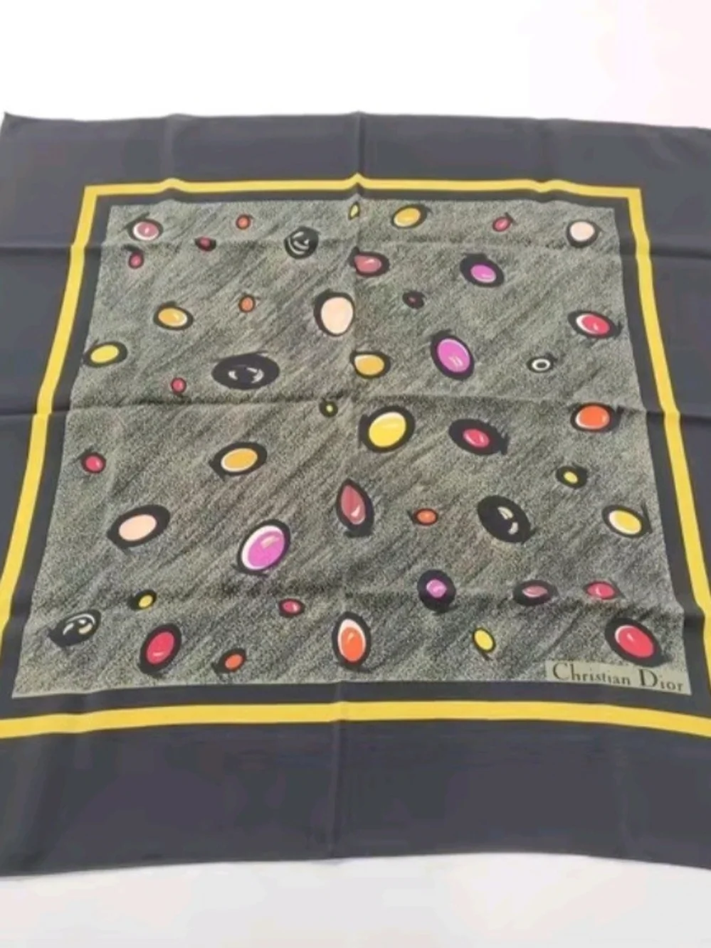 Dior Multicolor Polka Dot Silk Scarf with Yellow Border - COA